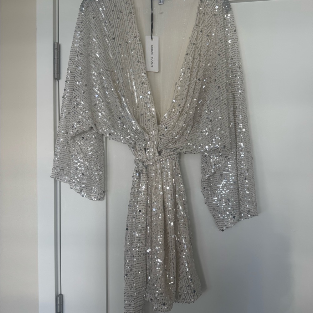 Sequin Wrap Midi Dress - Silver